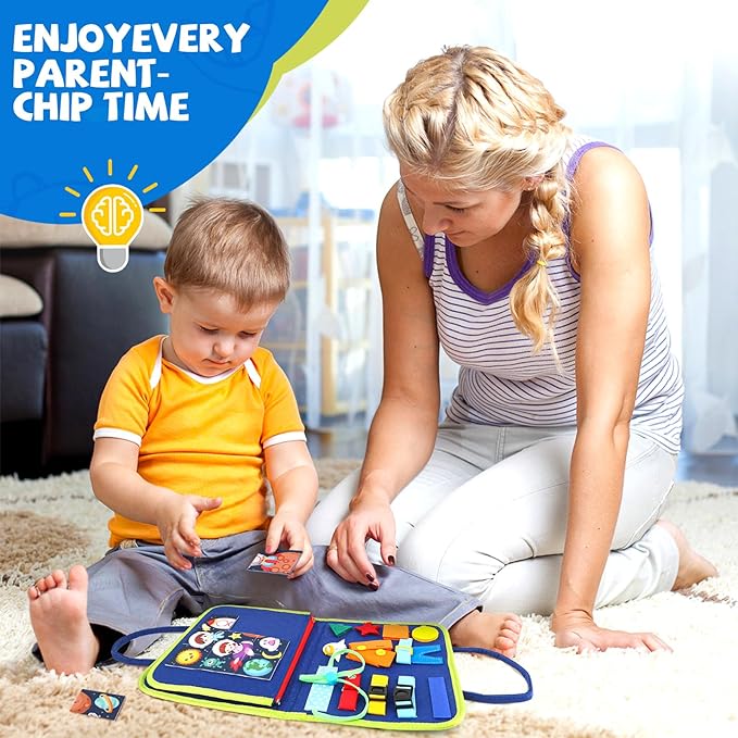 Montessori Busy Board Toys, Sensory Board for Toddlers 1-3, Travel Felt Busy Book for Airplane Car, Activity Busy Mat for Learning Fine Motor Skills Suits Boys Girls Birthday Gifts Blue/P1