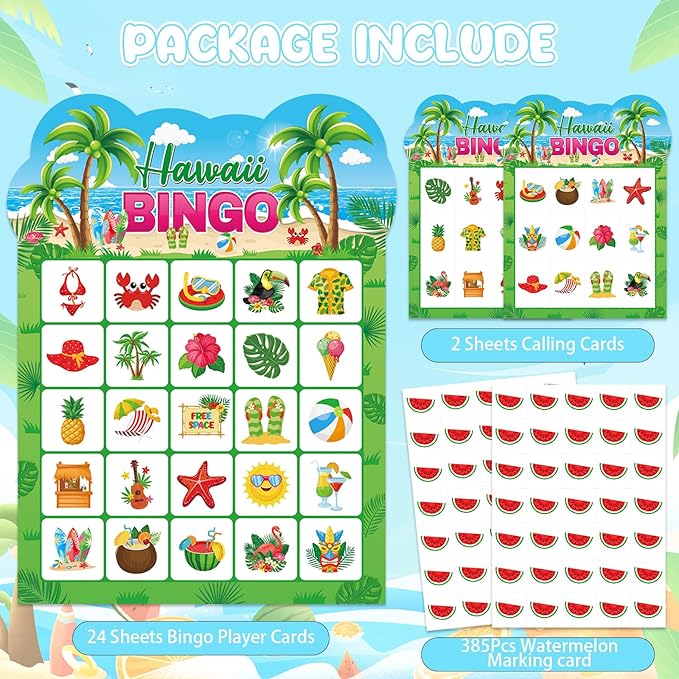 Summer Bingo Game Cards for Kids Adults, 24 Players Tropical Hawaiian Bingo Cards for School Classroom Family Activities Summer Party Favors Supplies