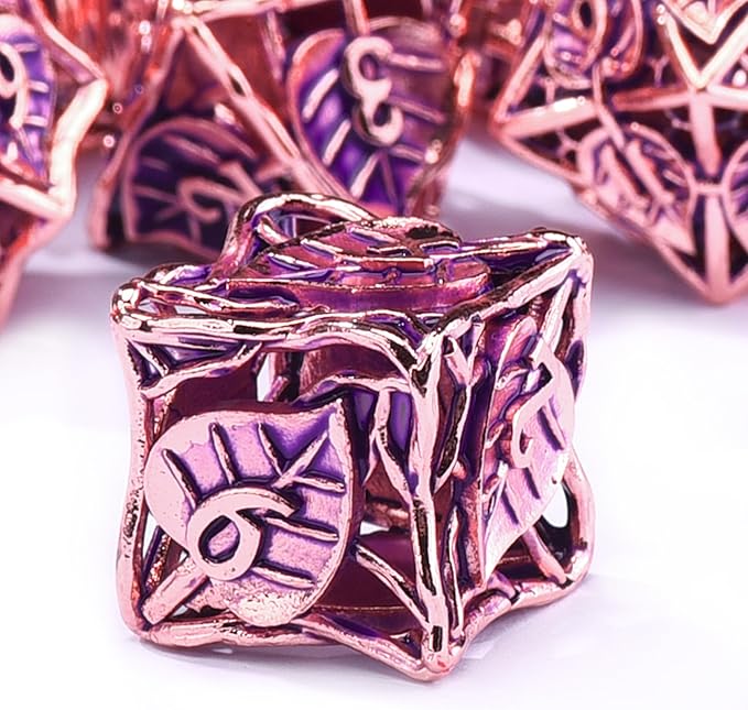 AUSTOR Metal Maple Leaf DND Dice Set 7 Pieces Hollow Polyhedral Dice D20 D12 D10 D% D8 D6 D4 Copper Dice with Metal Box for Dungeons & Dragons RPG Board Games (Violet & Gold)