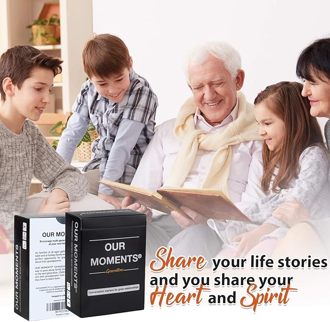 OUR MOMENTS Generations Game: 100 Conversation Starters for Grandparents & Grandchildren, Portable Cardstock Tabletop Game for Family Dinner, Car, Camping, Road Trip