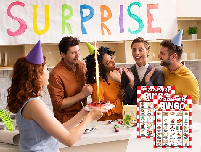 Pizza Games Bingo Cards, Gourmet Food Theme Bingo Game, Pizza Baby Shower Game for Family Friends Large Multiplayer Group Activities, Pizza Party Birthday Favors Gifts -02