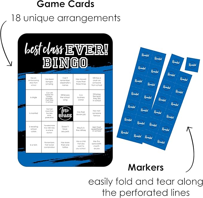 Big Dot of Happiness Reunited Blue - Find the Classmate Bingo Cards and Markers - Royal Blue School Class Reunion Party Bingo Game - Set of 18