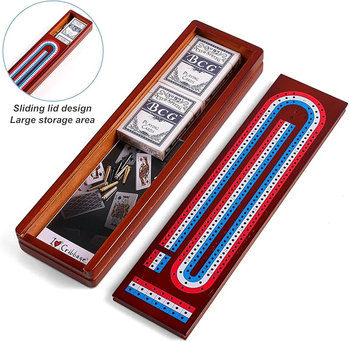 Cribbage Board Game Set with Large Storage Area, Solid Wood 3 Track Cribbage Board, 9 Metal Pegs, 2 Playing Cards and Instruction. Travel Cribbage Sets for All Ages(Vintage Color).