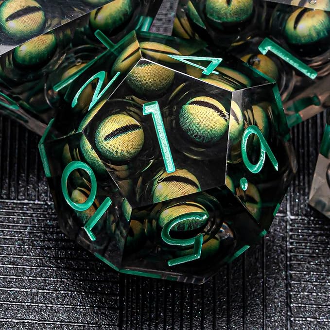 DND Resin Dice Mix Eyeball Dice Set 22-32mm Large Sharp Edged Dice Set with Box, Dungeons and Dragons Polyhedral D&D Role Playing Board Game D&D Dice Set D20 D12 D10 D8 D6 D4 (Green Eyes+Green Ink)