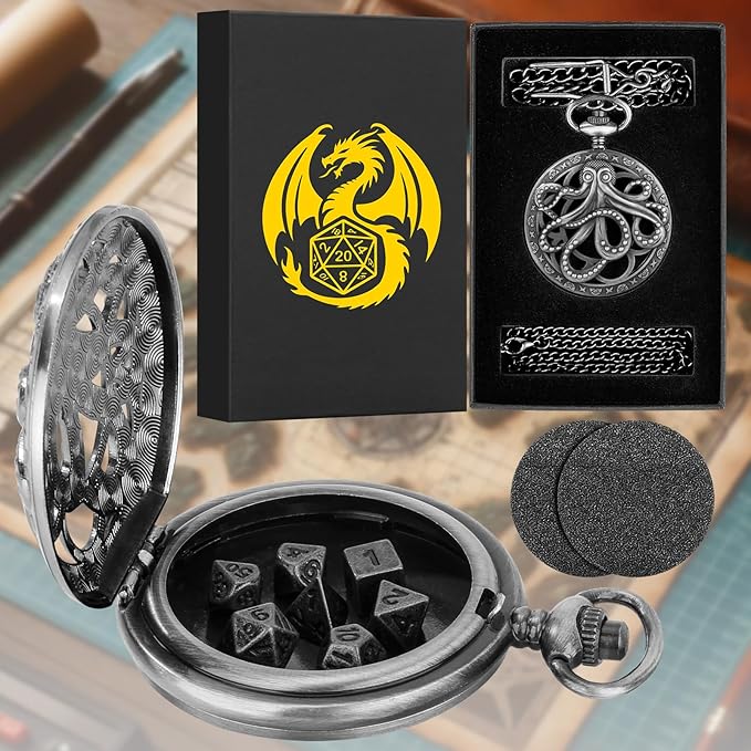 Mini DND Dice Set Steampunk Hollow Octopus Pocket Watch Shell Case, 7pcs Polyhedral Metal D&D Dice Set, DND Gifts with Gift Box, Role Playing Board Games Accessories Dark Silver