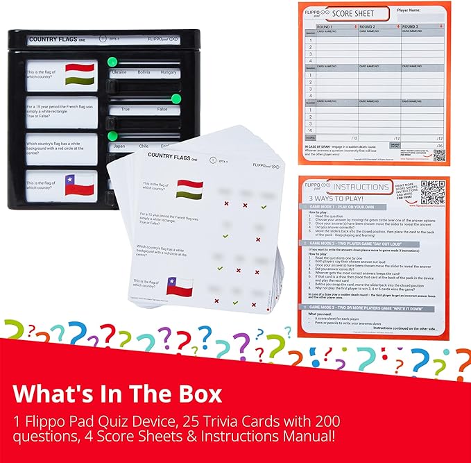 Quiz Device Game - Country Flags Trivia Quiz Game - 25 Cards - 200 Questions - Educational & Fun - Ideal Travel Games for Kids - Family Quiz Games - Portable Pack - Age 6+