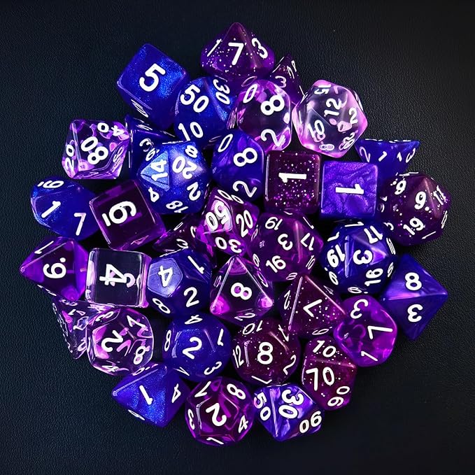Bescon 35pcs Polyhedral RPG Dice Amethysts Set, DND Role Playing Game Dice Purple Sets 5X7pcs