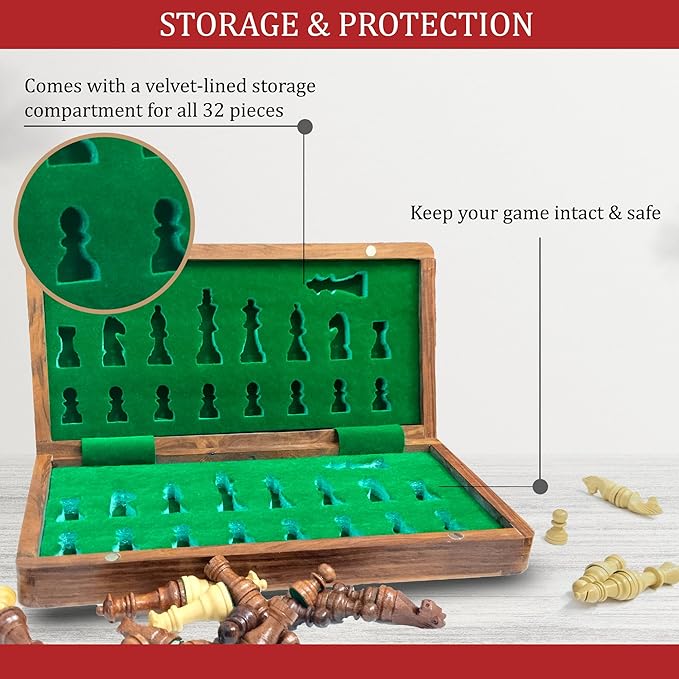 Magnetic Wooden Chess Board Set 12 Inches with 2 Extra Queens | Folding Board - Pieces Storage Slots, Handmade Portable Folding Travel Vintage Chess Game | for Individuals Above 15 Years and Above