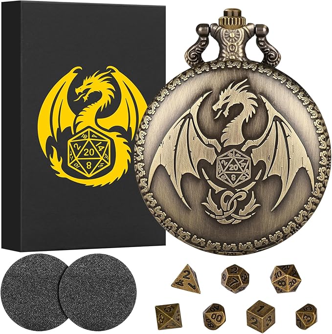 Mini DND Dice Set with Steampunk Dragon Pocket Watch Shell Case, Tiny 7pcs Polyhedral Metal D&D Dice, DND Gifts with Gift Box Greeting Card, Role Playing Board Games Accessories