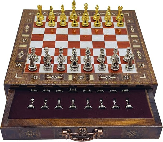 12.6’’ Handmade Walnut Chess Set with Zamak Metal Pieces, Wooden Chess Set with Storage, Birthday Gift for Him, Handmade Chess Gift, for Him (Gold-Silver Pieces)