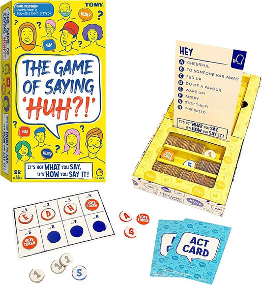 TOMY The Game of Saying 'Huh?!' - Voice Impressions Card Games - Funny Party Game of Acting and Guessing - Family Board Games for Adults and Kids - 3-8 Players - Ages 8 Years and Up