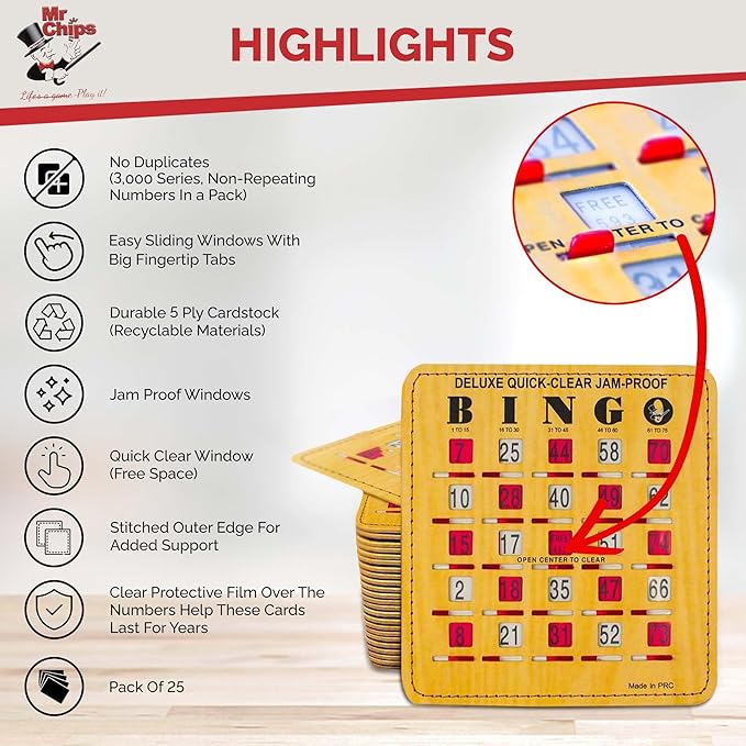 MR CHIPS Jam-Proof Quick-Clear Deluxe Fingertip Slide Bingo Cards with Sliding Windows 200 Pack in Woodgrain Style