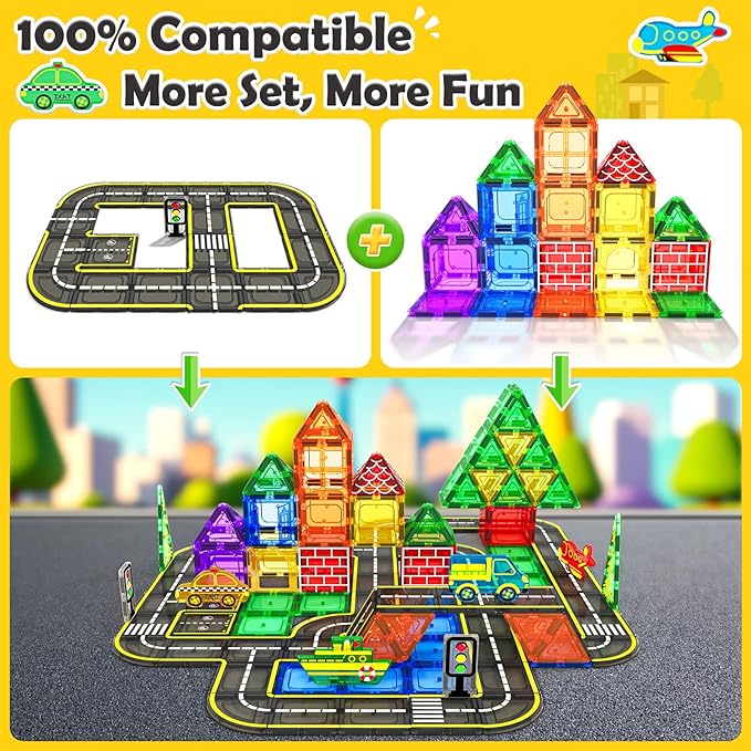 Magnetic Tiles City Road with Cars Kids Toys for Ages 5-7 3-5 4-8, STEM Magnetic Blocks Building Toddler Toys, Creative Gifts Sensory Toy for 3+ Year Old Boys and Girls