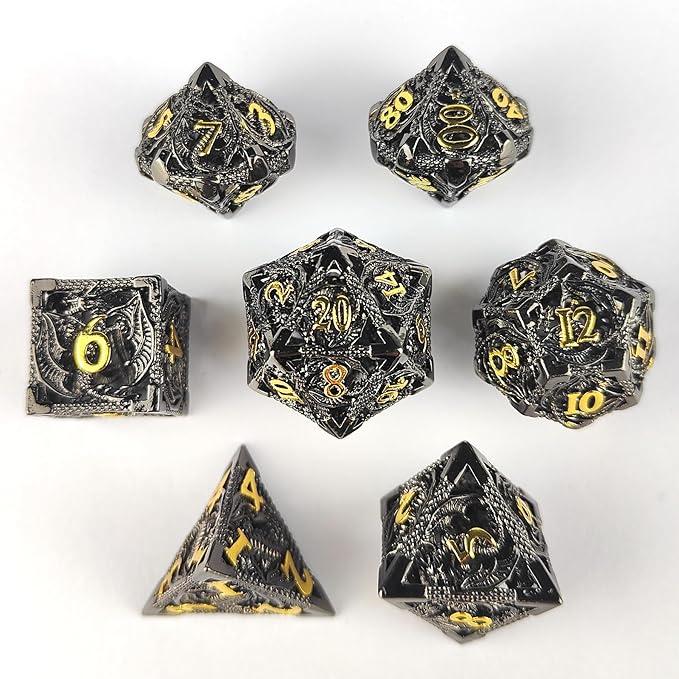 Hollow Dragon Metal Dice,Unique Dungeons and Dragons Polyhedral Dice Set for D&D TRPG,MTG,Pathfinder,Table Board Roll Playing Games D4 D6 D8 D10 D% D12 D20 (Black and Gold)