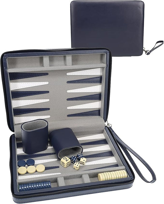 WE Games Backgammon Set, Board Games for Adults - Travel Games - Magnetic with Navy Blue Leatherette Backgammon Board and Carrying Strap - Travel Backgammon Sets for Adults
