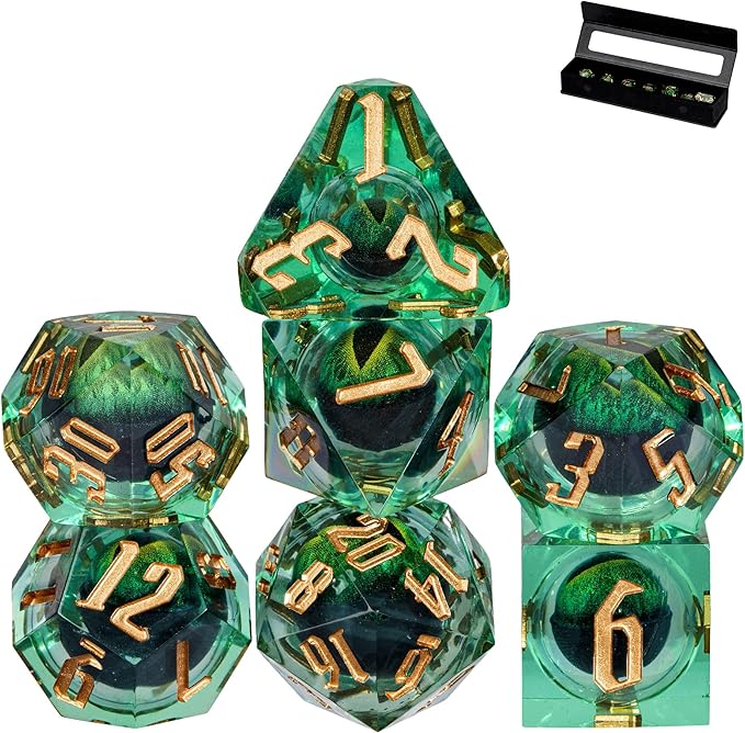 7PCS DND Dice Set,Dragon Eye Liquid Core Sharp Edge Dice Set RPG Polyhedral Die,for Dungeons and Dragons TTRPG Games Roleplaying Games Pathfinder,with Gift Box(Eyeball Green)