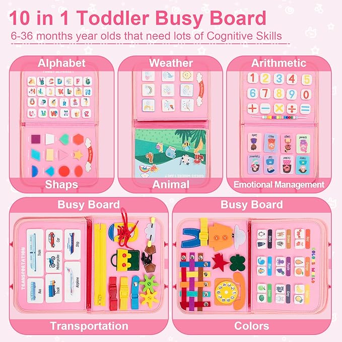 Pink Toddler Busy Board Montessori Toys for 1-3 Year Old Girl Birthday, Educational Activities Developing Sensory Board with Life Skill, Travel Toys for Plane Car