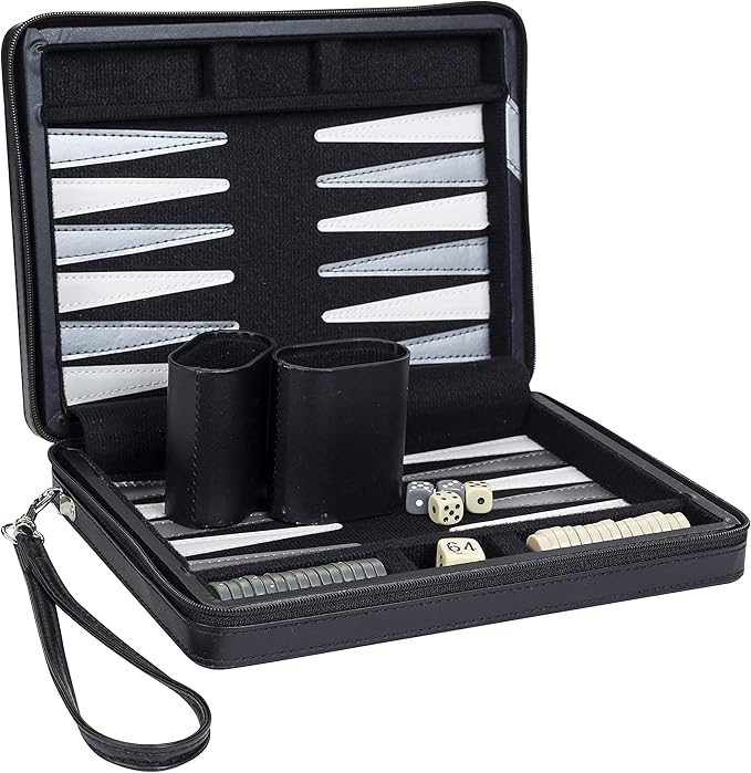 WE Games Backgammon Set, Board Games for Adults - Travel Games - Black with Gray Stripe Magnetic Leatherette Backgammon Board and Carrying Strap - Travel Backgammon Sets for Adults