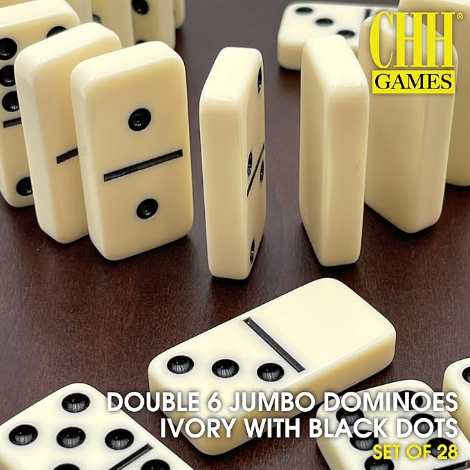 CHH Black/Cream Color Double 6 Jumbo Size Domino Tiles – Premium Set of 28 Ivory Dominoes – Classic Family Game in Cardboard Box