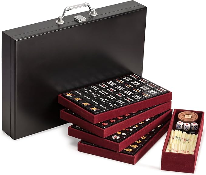 Yellow Mountain Imports Chinese Mahjong Game Set, Jet Set - with 148 Small-Size Black Tiles and Wooden Case, Wooden Spinner, Dice, and Scoring Sticks (for Chinese Style Game Play)