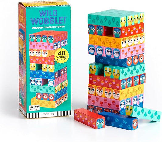 Mudpuppy Wild Wobble! – Colorful Wooden Tumbling Tower Game, 4 Across, Great for Small Hands, Ages 3+