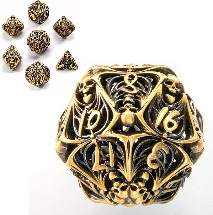 Hollow Skull Metal Dice Unique Polyhedral Dice Set for Dungeons and Dragons D&D TRPG MTG Pathfinder Table Board Roll Playing Games Gift Accessories (Brass)