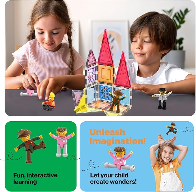 PicassoTiles Profession Character Action Figures Toddler Toy Set Pretend Play Magnet Expansion Pack Add-on STEM Construction Building Block Tile PTA02