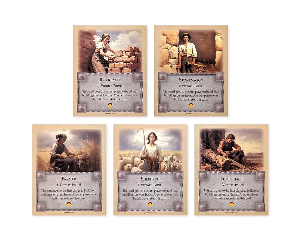 Professions Victory Point Cards, Bricklayer, Stonemason, Farmer, Shepherd, Lumberjack, compatible with Catan's Settlers of Catan 5th Edition, Seafarers and Catan Expansions
