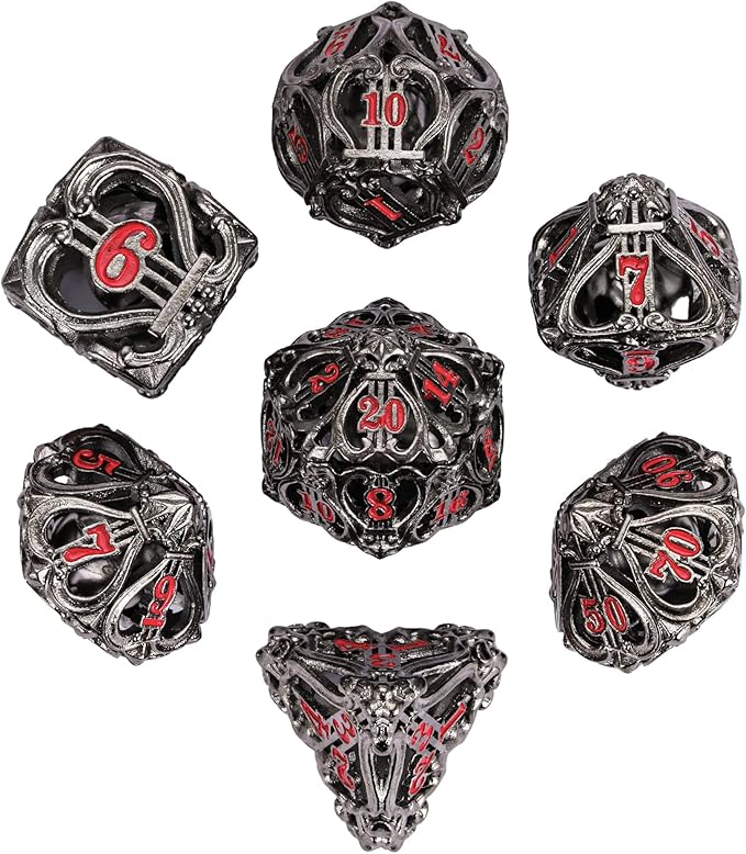 Cusdie 7-Die Metal Dice Set - Hollow Design with Bells - Crisp Sounding Gaming Dice in Tin Box - Perfect for Tabletop RPGs & Board Games(Black w/Red Numbers)