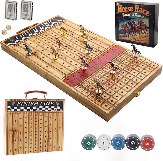 Wooden Finish Line Horse Racing Board Game Equipped with 11 Luxury Metal Craft Horses Adult Chessboard Including 2 Dice and 2 Boxes of Cards Folding Box Game Board (Light Flame)
