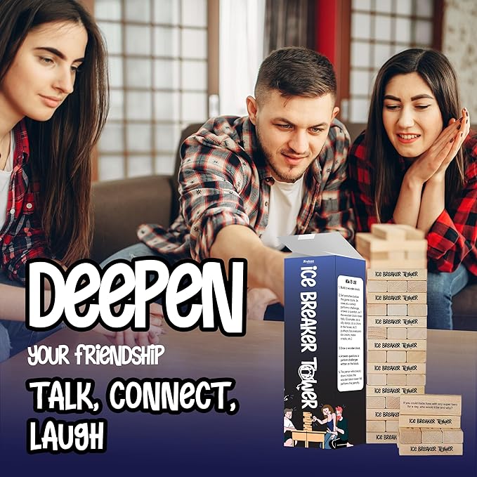 Ice Breaker Tower Questions Tumbling Tower Game - For Everyone - 54 Fun Conversation Starters - Great Family Games For Kids And Adults - Coworkers, Friends, Date Night & Relationship Game Night Fun