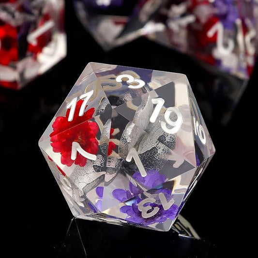 Haxtec Flower DND Dice Set Sharp Edge Dice with Dice Case Handmade Red Purple Floral Resin D&D Dice Set for TTRPGs Dungeons and Dragons Gifts