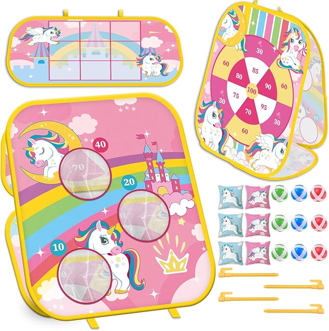 Unicorn Bean Bag Toss Game - 5 in 1 Foldable Cornhole Ring Toss for Kids' Parties & Birthdays