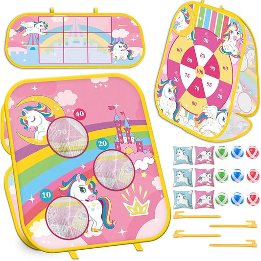 Unicorn Bean Bag Toss Game - 5 in 1 Foldable Cornhole Ring Toss for Kids' Parties & Birthdays