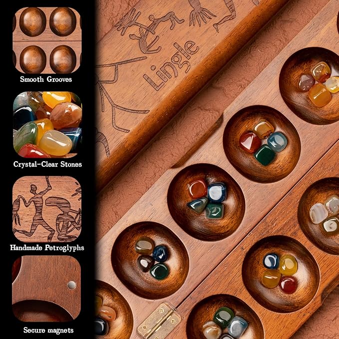 Deluxe Mancala Board Game Set - Real Wood Hinged Folding Board with 48 Mixed Natural Gemstones, Authentic African Petroglyphs, Foldable Design for 2-Player Strategy Game, Portable Game