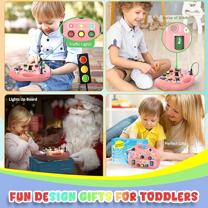 Toddler Busy Board with Led Light Switch, Travel Sensory Board Montessori Toddlers Fat Brain Toys 1-2 Year Old, Baby Educational Activities Travel Essential Toys Ideal Christmas & Birthday Gift (Pink)