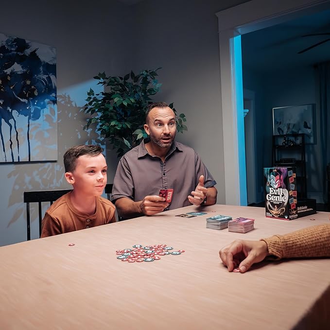 Evil Genie, Party Game Where Players Combine Good Cards with Evil Cards to Grant One Messed Up Wish, Then Guess If The Wish Will Be Taken to Score Points & Win The Game, for 2 – 8 Players, Ages 8+