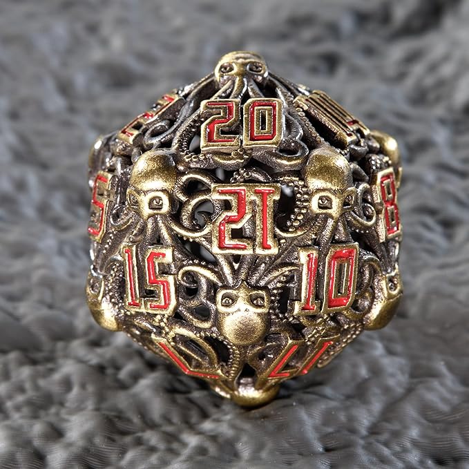 Hollow Cthulhu Metal Dice Set,Unique Dungeons and Dragons Polyhedral Dice Set for D&D TRPG MTG Pathfinder Table Board Roll Playing Games D4 D6 D8 D10 D% D12 D20 (Brass)