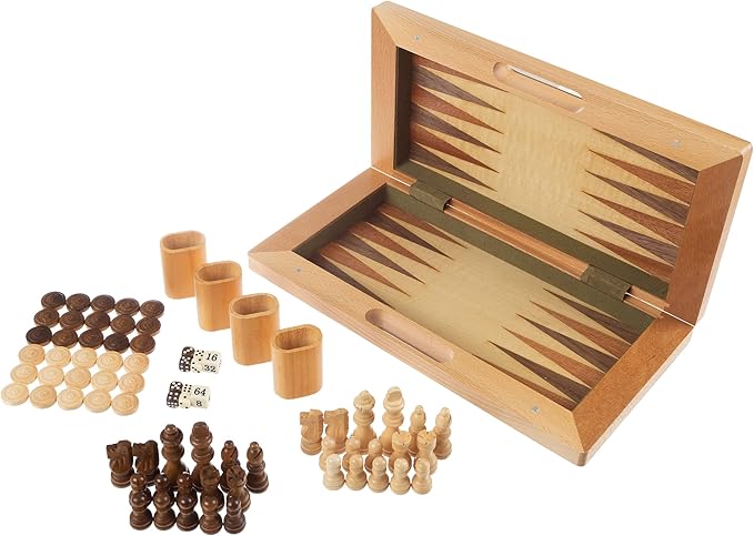 Hey! Play! 3-in-1 Chess, Backgammon, and Checkers Set – Wooden Board Game Set Folds for Practical Storage and Transport – Travel Board Games by Trademark Games