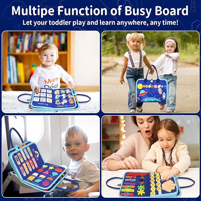 Montessori Toys for 3+ Year Olds, 9 in 1 Busy Board for Toddlers, Sensory Board Activities Learning Travel Toys for Plane Car, Birthday Gifts for Kids Boys Girls (Blue Planet)