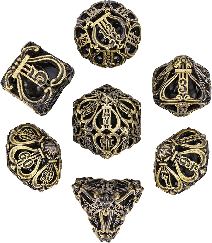 Cusdie 7-Die Metal Dice Set - Hollow Design with Bells - Crisp Sounding Gaming Dice in Tin Box - Perfect for Tabletop RPGs & Board Games(Ancient Bronze)