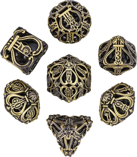 Cusdie 7-Die Metal Dice Set - Hollow Design with Bells - Crisp Sounding Gaming Dice in Tin Box - Perfect for Tabletop RPGs & Board Games(Ancient Bronze)