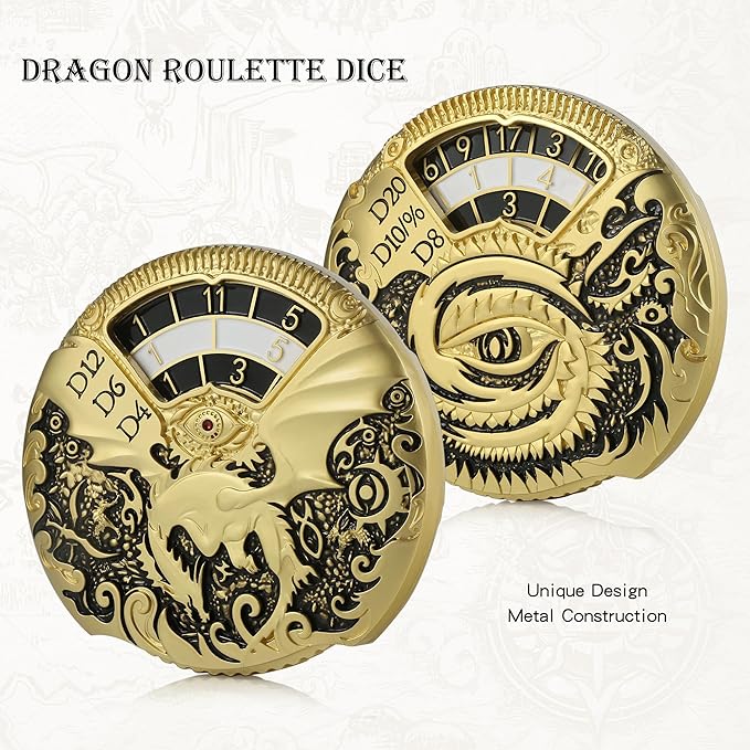 Dragon Roulette Spinner Dice DNDND 7-in-1 Fidget Spinner Metal DND Dice Set with Luxurious Gift Box for Dungeons and Dragon and Tabletop Game (Gold with Black)