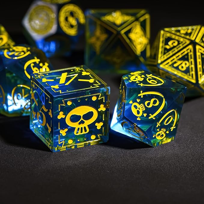 Cusdie 7-Piece Sharp Edges DND Dice Set with Pirate Design - Perfect for Tabletop RPGs Board Games Gifting and Collecting(Blue w/Yellow Pirate Pattern)