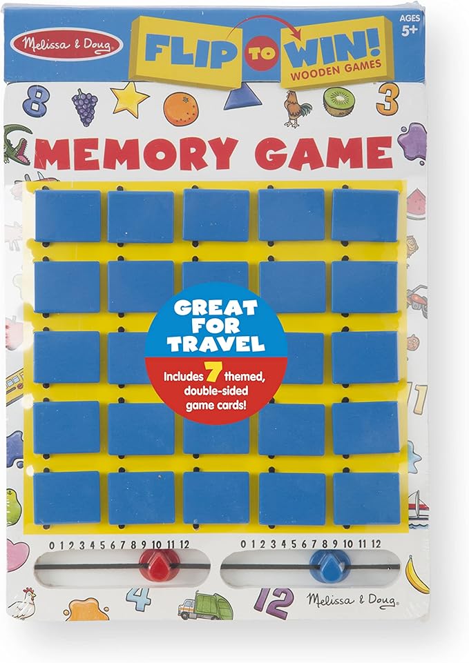 Melissa & Doug Flip to Win Travel Memory Game - Wooden Game Board, 7 Double-Sided Cards Road Trip Essentials For Kids, Hangman For Kids, Memory Toy For Toddlers And 5+