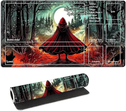 for MTG Playmat with Zones Storage Bag,for TCG Playmat and Playing Card Mat for Magic Board Games, Little Red Riding Hood Non Slip Stitched Edges Game Mat, Rollable Foldable Card Playmats