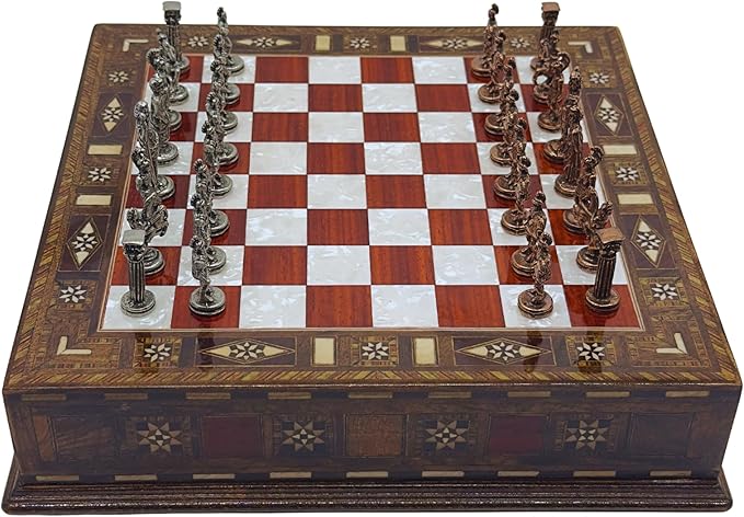 12.6’’ Handmade Walnut Chess Set with Zamak Metal Pieces, Wooden Chess Set with Storage, Birthday Gift for Him, Handmade Chess Gift, for Him (Rome Figure Pieces)