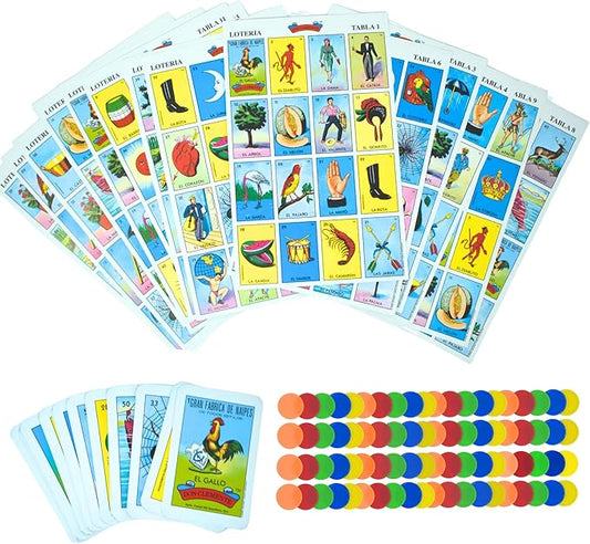The Original Lotería Mexican Bingo Game Set - Complete with 100 Bingo Chips for 20 Players - Authentic Lotería de Lujo Mexicana - Colorful Loteria Cards