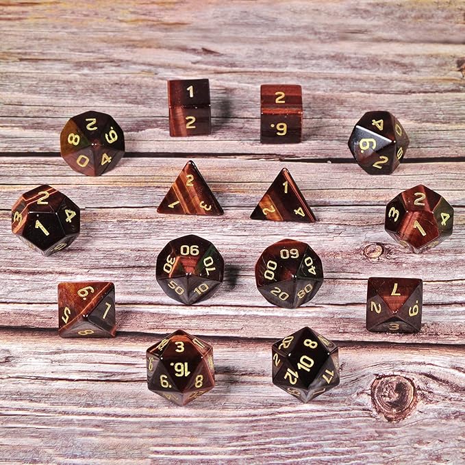 TUMBEELLUWA Engraved Crystal Stone Polyhedral Dice Set for RPG MTG Dungeons and Dragons Table Game 7 Pieces DND Board Game Dices with Pouch, Red Tiger’s Eye Stone