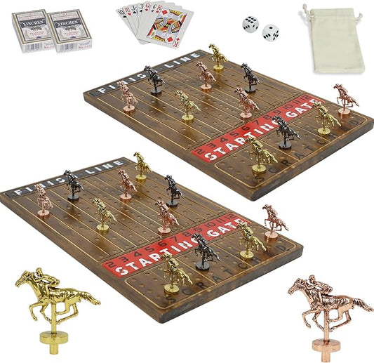 2 Pack Metal Horse Racing Board Game Card Board Game Finish Line Luxury Edition Solid Wood Race 11 Batches of Metal Model Horses 2 Sets of Dice and 2 Boxes of Cards (Flame)…